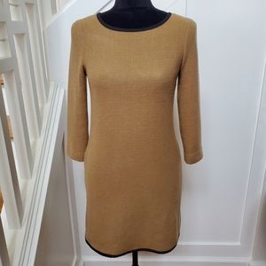 Woven wool blend camel color classic vintage sheath dress with black piping